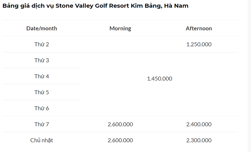 Bảng giá sân golf Kim Bảng