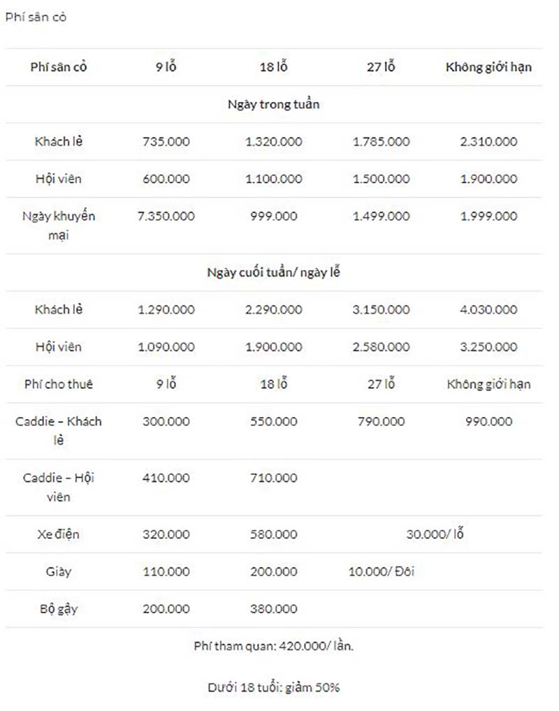 Bảng giá dịch vụ tại sân golf